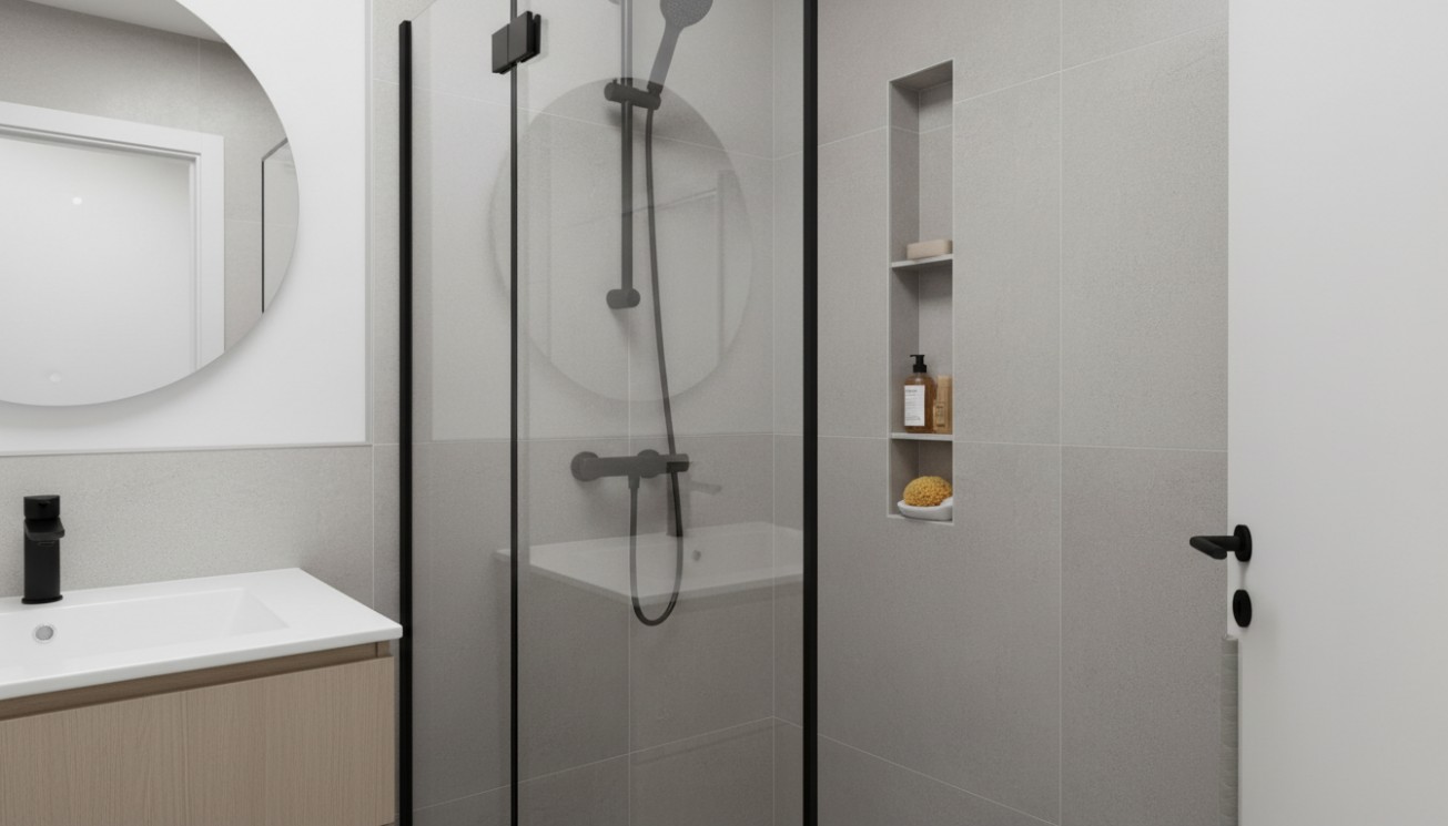 Vertical shower niche with multiple storage levels in a compact modern bathroom